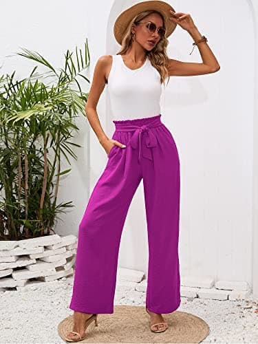 Heymoments Women's Wide Leg Lounge Pants with Pockets Magenta Large Lightweight High Waisted Adjustable Tie Knot Loose Comfy Casual Trousers - Image 4