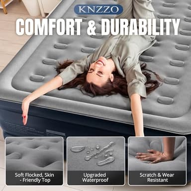 KNZZO Queen Air Mattress with Built-in Pump, 18" Top Inflatable Mattress with Waterproof Flocking Fabric, Three-Minute Quick-Inflatable Bed. Portable Blow Up Mattress for Home, Outdoor and Guests - Image 4
