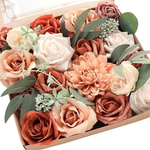 Floroom Terracotta Artificial Flowers Burnt Orange Fake Roses Peonies Dahlia Greenery Combo Box Set for DIY Wedding Bouquets Bridal Shower Centerpieces Floral Arrangements Party Tables Home Decoration - Image 1