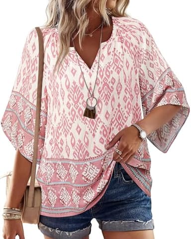 Bebonnie Boho Peasant Tops for Women: 3/4 Sleeve Dressy Casual V Neck Boho Tops - Summer Linen Beach Vacation Clothes - Plus Size Spring Clothes for Women Multi Pink XXXL - Image 1