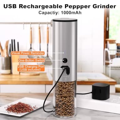 COKUNST Newly Upgraded Electric Salt or Pepper Grinder, USB Rechargeable Grinder with 6.26Oz Lagre Capactiy Visual Silo & Suction Dust Cover, Automatic Mill Pepper Shaker - Image 2