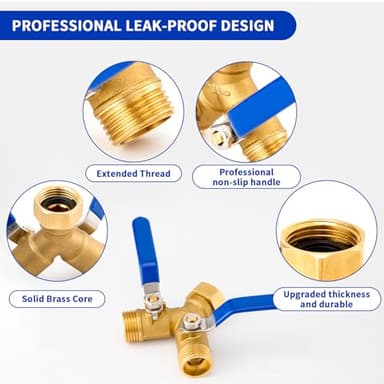Feeloco Hose Splitter 2 Way,Heavy Duty Brass Garden Hose Splitter with Stainless Steel Long Handle,High Flow Water Spigot Adapter Y Valves,Solid Hose Bib Connector 3/4", Outdoor Faucet Splitter - Image 2