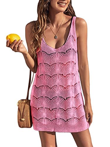 Womens Sexy Crochet Cover Up Swimwear Mesh Dress See Through Fishnet Beach Swimsuit Top Pink - Image 1