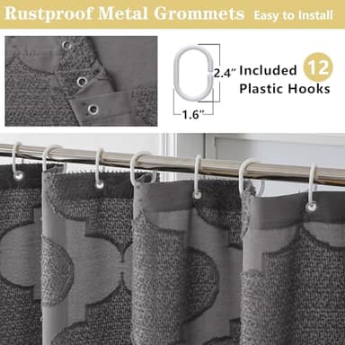 OWENIE Grey Shower Curtain Set, Jacquard Geometric Textured Fabric Boho Shower Curtains for Bathroom, Soft Hotel Style Farmhouse Shower Curtain Grommet Top 12 Hooks, Machine Washable, 72x72, Grey - Image 4