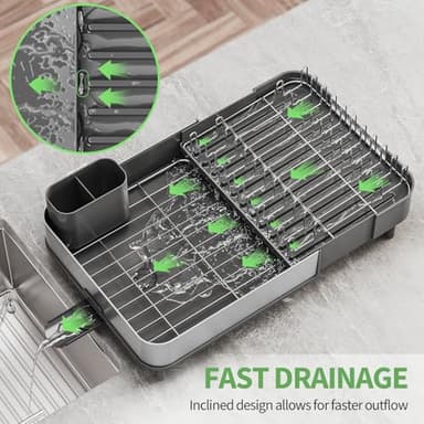 Expandable Dish Drying Rack,Foldable 304 Stainless Steel Dish Rack with Dual Parts, Extendable Dish Drainer Rack for Kitchen Counter, Dish Drying Rack with Cutlery Holder Gray - Image 4