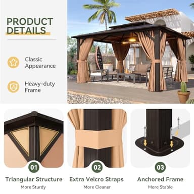 Aoxun 12'x10' Hardtop Gazebo, Aluminum Frame Permanent Pavilion with Curtains and Netting, Outdoor Polycarbonate Double Roof Canopy, Designed for Garden, Lawns, Patio, Brown - Image 6