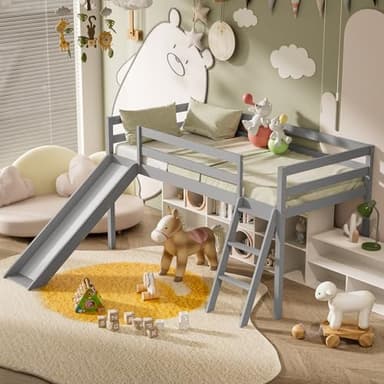 TOLEAD Low Loft Bed with Slide, Wood Twin Loft Bed Frame with Climbing Ladder & Storage Space for Kids Toddler (Grey) - Image 4
