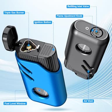 TOPKAY 2 Pack Torch Lighter Mini Refillable Triple 3 Jet Flame Butane Lighter Windproof Adjustable Flame Torch Lighter for Candle Grill Kitchen Fireworks Camping(without Fuel), Black Blue - Image 2
