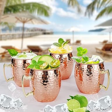 Amrules Moscow Mule Mugs Set of 4, 16 OZ Hammered Copper Cups with 304 Stainless Steel Lining and Gold Brass Handles, for Cold Drinks, Beer, Wine, Bars, Parties - Image 2