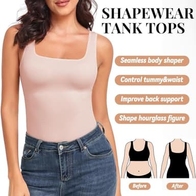 EUYZOU Women's Tummy Control Shapewear Tank Tops Seamless Square Neck Compression Tops Slimming Body Shaper Camisole - Light Pink L - Image 2