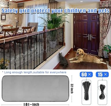 JIFTOK Ewaves Stairway Net - Baby Safety Rail - 181 inch x 32 inch - Banister Stair Net for Child, Small pet,Toy- Indoor & Outdoor(Black) - Image 2
