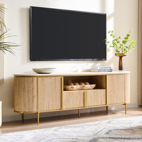 OKD Luxury 70" Fluted TV Stand, Modern Chic Entertainment Center for TVs Up to 80 inches, TV Console with Faux Marble Top, Curved Profile Design, Media Console for Living Room, Natural Oak - Image 1