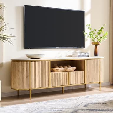 OKD Luxury 70" Fluted TV Stand, Modern Chic Entertainment Center for TVs Up to 80 inches, TV Console with Faux Marble Top, Curved Profile Design, Media Console for Living Room, Natural Oak - Image 1