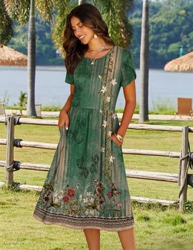 HOTOUCH Women's Summer Short Sleeve A-Line Midi Dresses Casual Floral T-Shirt Dress Flowy Beach Sundress with Pockets - Image 5