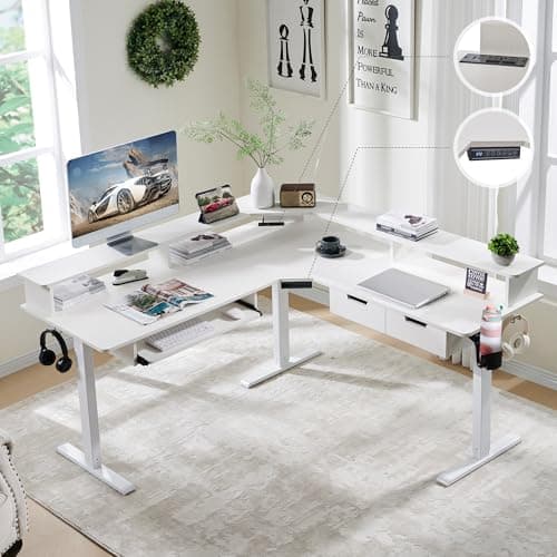 RedLemon 60 Inches L Shaped Electric Standing Desk, Height Adjustable Corner Gaming Desk with Drawers, Keyboard Tray, Power Outlets & LED Lights, Computer Desk with Monitor Shelf, Antique White - Image 1