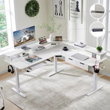 RedLemon 60 Inches L Shaped Electric Standing Desk, Height Adjustable Corner Gaming Desk with Drawers, Keyboard Tray, Power Outlets & LED Lights, Computer Desk with Monitor Shelf, Antique White - Image 1