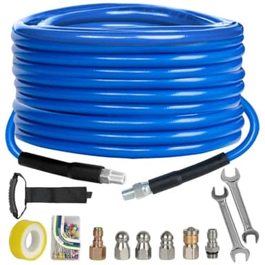 Xiny Tool Sewer Jetter Kit for Pressure Washer 50FT, 4000 PSI Drain Cleaner Hose 1/4 Inch NPT, Corner Rotating and Button Hose Sewer Jetting Nozzle Pearl Corsage Pin Tape Handle Strap Spanner, Blue - Image 1