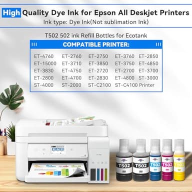 502 Ink Refill Bottles Compatible Replacement for Epson Ecotank ET-3760 ET-2850 ET-3850 ET-2760 ET-15000 ET-4760 ET-4850 ET-2750 ET-3750 ET-3830 Printers, T502 Ink Refill Bottles (5 Pack) - Image 2