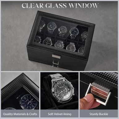 ProCase 20 Slot Watch Box for Men, 3-Layer Watch Display Case with Glass Lid, Watch Holder with Drawer, Jewelry Storage Organizer for Watches Straps Rings -AllBlack - Image 5