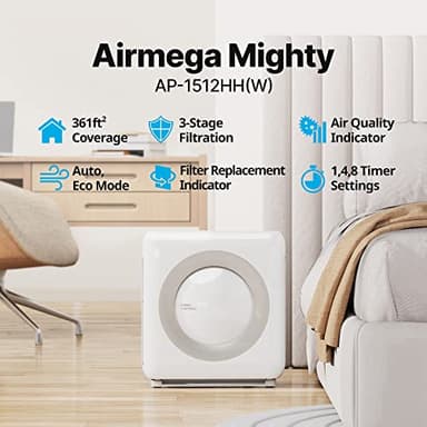 Coway Airmega AP-1512HH(W) True HEPA Purifier with Air Quality Monitoring, Auto, Timer, Filter Indicator, and Eco Mode, 16.8 x 18.3 x 9.7, White - Image 3