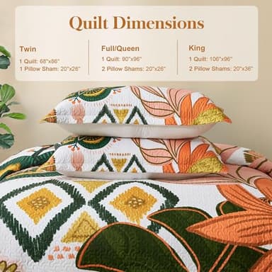 Tyrot 3 Piece Boho Floral Full/Queen Quilt Sets Farmhouse Botanical Reversible Lightweight Bedspread Coverlet with 2 Shams Mid Century Leaves Microfiber Bedding Quilts Set for All Season, 90''x96'' - Image 6