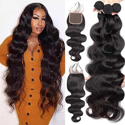 YISEA Brazilian Body Wave Bundles with Closure(16 18 20+14 Closure) Human Hair 3 Bundles with 4x4 Lace Closure Braziian Virgin Human Hair - Image 1