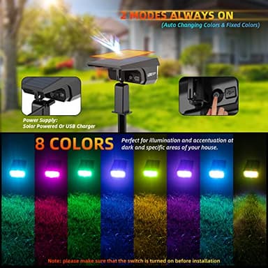 LEREKAM Solar Outdoor,40 LEDs Color Changing RGB Solar Landscape Path Lights,USB & Solar Powered Multicoloured Spotlights,14 Colors Auto Cycling Spotlights for Yard,Garden,2 Pack - Image 4