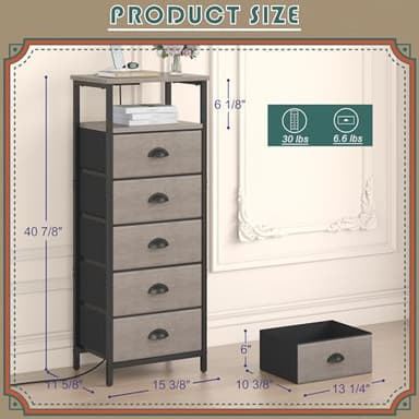 sthmec Nightstand with Charging Station,LED Grey Nightstand with 5 Fabric Drawers, Bedside End Tables, 2-Tier Open Storage Shelf Side Table Nightstand with Drawers for Bedroom, Grey - Image 3