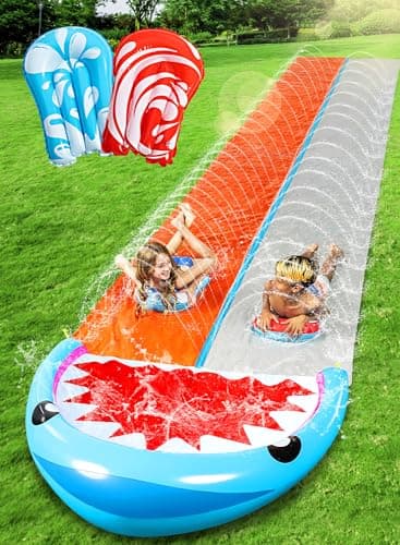 Sloosh Water Slides with 2 Inflatable Boards,22.5ft Double Lane Splash Slip Lawn Water Slide with Advanced Sprinklers Summer Toy for Kids Adults Fun Backyard Summer Outdoor, Shark - Image 1