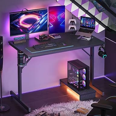 Bestier 42 inch Gaming Desk with LED Lights, Small Computer Gaming Table with Monitor Shelf, Gamer Desk with Headphone Hook, Kids Boys Computer Table with Black Carbon Fiber Texture - Image 2