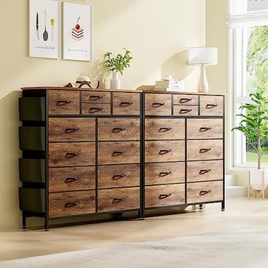 Lulive Dresser for Bedroom with 12 Drawers, Tall Dresser Chest of Drawers with Side Pockets and Hooks, Fabric Dresser Storage Tower for Closet, Hallway, Living Room (Rustic Brown) - Image 2