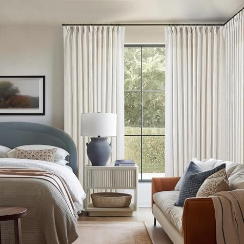 TWODRAPES Pinch Pleated Extra Wide Curtain Panels 96 Inches Long 70 Wide Linen Curtain for Patio Sliding Glass Door Semi Sheer Cream Hooks Rings Privacy 96 Inch Length for Living Room 70x96 1 Panel - Image 1