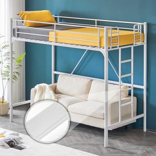 VINGLI Loft Bed Twin for Kids Loft Bunk Bed Frame with Stairs/Flat Ladder Rung,Metal Single Loft for Adults, No Box Spring Required, White - Image 1