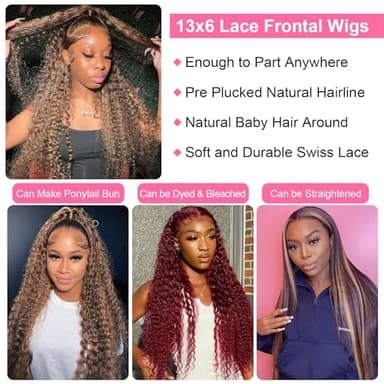 ZZMDS 13x6 Deep Wave Lace Front Wigs Human Hair Pre Plucked #4/27 Highlight Ombre Colored Glueless Wigs Water Wave Honey Blonde Curly Lace Frontal Wigs Human Hair for Women with Baby Hair 22 Inch - Image 4