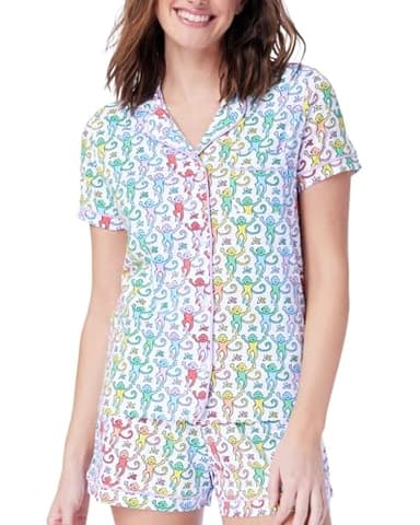 Zelbuck Womens Pajamas Set Trendy 2 Piece Button Down Monkey Shorts Set Y2k Roller Dupes Rabbit Long Sleeve Preppy Loungewear Pjs, XX-Small, Disco - Image 1