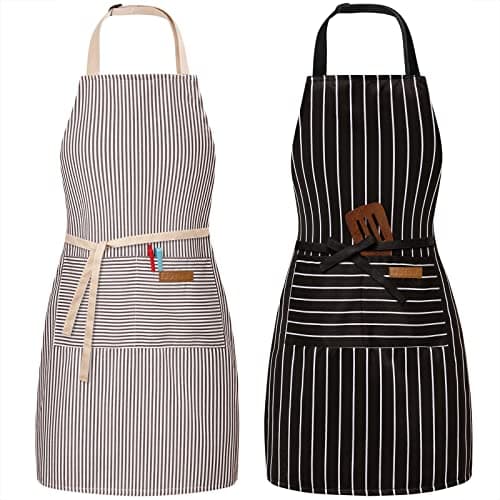 BeLuyi 2 Pack Adjustable Bib Apron with 2 Pockets Chef Cooking Kitchen Restaurant Aprons for Women Men (Black/Brown Stripes) - Image 1