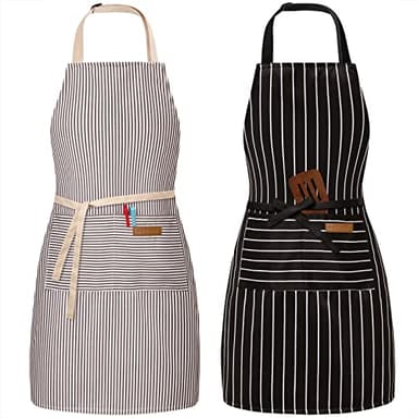 BeLuyi 2 Pack Adjustable Bib Apron with 2 Pockets Chef Cooking Kitchen Restaurant Aprons for Women Men (Black/Brown Stripes) - Image 1