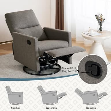 Ketaiyou Swivel Rocking Recliner Chair for Adults, Rocker Nursery Glider Chair for Living Room Bedroom, Upholstered Fabric Reclining Single Sofa Chair(Grey) - Image 6