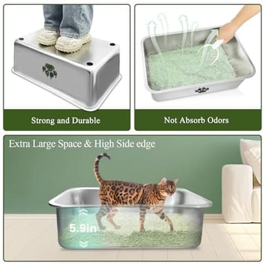 PWTAA Stainless Steel Cat Litter Box, High Side Cats Toilet Metal Litter Box, Pet Cleaning Tool for Cats, Rabbits, Splash-Proof and Non-Stick Cat Poop Box odorless, Camo Paws 23.6"x15.7"x5.9" - Image 6