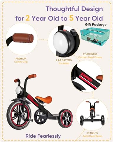 KRIDDO Kids Tricycle, 12 Inch Puncture Free Wheel w Front Light, Adjustable Seat Height, Gift for 2-5 Year Olds, Trike for Toddlers, Black - Image 4
