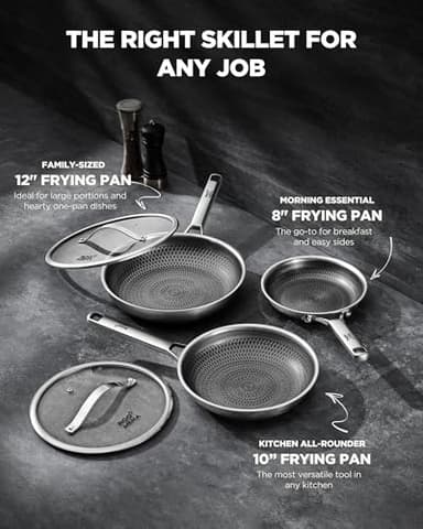 Roomena Nonstick Frying Pan Set with two Lid, Non-Toxic Tri-Ply Hybrid Ceramic Skillet three Piece, 8, 10 & 12 Inch Stainless Steel Pans, PFAS/PFOA/PTFE Free, Oven Safe, Induction Compatible - Image 3