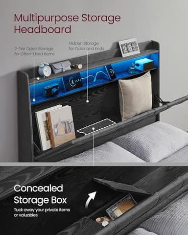 VASAGLE Queen Bed Frame with 51.4 Inch Tall Storage Headboard, Bed Frame Queen Size with 4 Storage Drawers on Wheels, LED Lights, Charging Station, No Box Spring Needed, Modern, Dark Gray URMB891G02 - Image 5