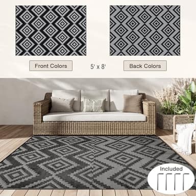 Outdoor Plastic Straw Rug - 5x8 ft Waterproof Patio Rug Clearance, Reversible Outdoor Carpet for RV, Camping, Deck, Balcony, Porch, Picnic, Backyard (Black & Grey) - Image 3