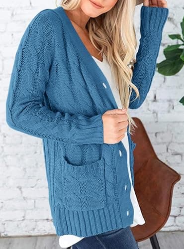 PRETTYGARDEN Women's Open Front Cardigan Sweaters Fall Fashion Button Down Cable Knit Chunky Winter Clothing Outerwear Coats (Blue,X-Large) - Image 5