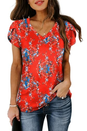 WIHOLL Beach Vacation Clothes for Women Floral Print Tops for Women Vintage Summer Blouse Casual Red S - Image 2