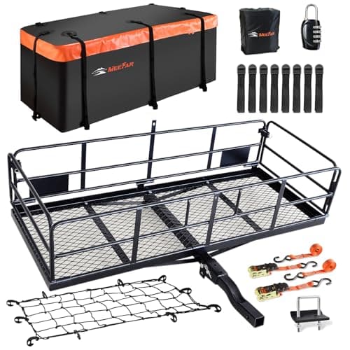 MeeFar High Rail Trailer Folding Hitch Mount Cargo Carrier Basket 60" X 24" X 14"+Waterproof Cargo Bag 20 cu ft(59" 24" 24"), Capacity of 500 Lbs with Hitch Stabilizer, Net, Lock and Straps - Image 1