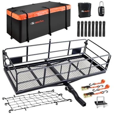 MeeFar High Rail Trailer Folding Hitch Mount Cargo Carrier Basket 60" X 24" X 14"+Waterproof Cargo Bag 20 cu ft(59" 24" 24"), Capacity of 500 Lbs with Hitch Stabilizer, Net, Lock and Straps - Image 1