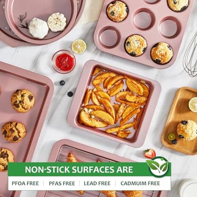 HONGBAKE Bakeware Sets, Baking Pans Set, Nonstick Oven Pan for Kitchen with Wider Grips, 10-Piece Including Rack, Cookie Sheet, Cake Pans, Loaf Pan, Muffin Pan, Pizza Pan - Pink - Image 5