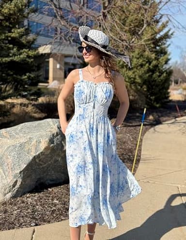 Easter Dresses for Women Floral Corset Dress Summer Milkmaid Dress Boho Beach Dresses Blue 2XL - Image 4