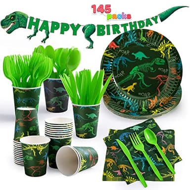 JOYIN 145 Piece Dinosaur Birthday Party Supplies with Trex Banner, 24 Serves dinosaur Disposable Tableware Set with Plates, Cups, Napkins, and Cutlery Sets for Dinosaur Themes Party Kids Years - Image 8